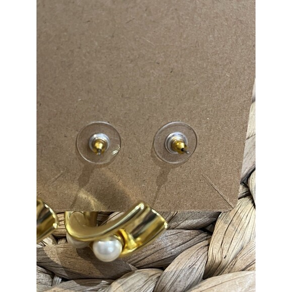 J.Crew VTG Oversized Pearl Hoop Earrings Gold Tone Pierced Statement Y2K Regency - Picture 7 of 11